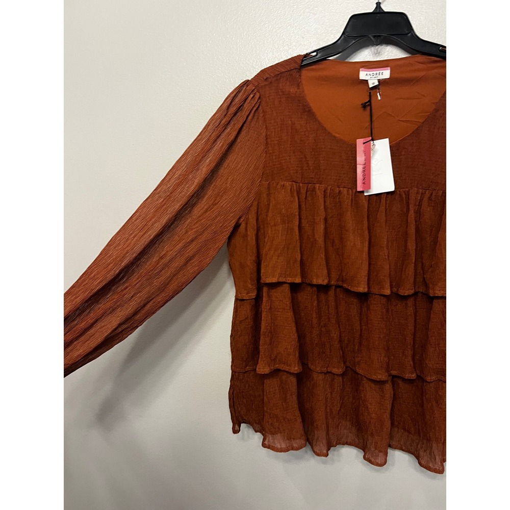 Andree by Unit Rust Brown Crinkle Tiered Ruffle Long Sleeve Top 1X‎ - Picture 2 of 7